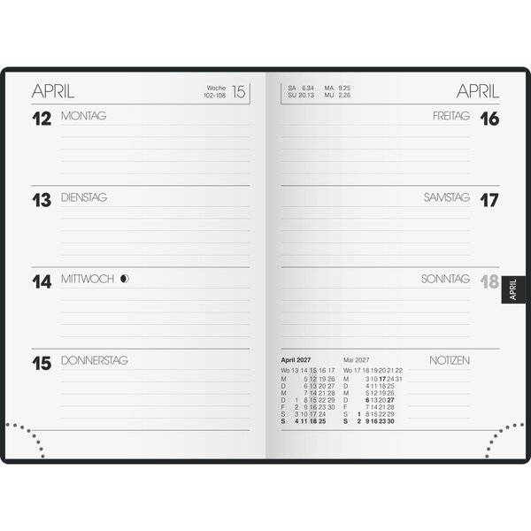 Taschenkalender 723 7,6x11,2cm 1 Woche/2 Seiten Leder schwarz 2027-1