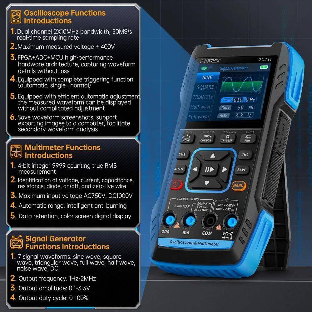FNIRSI 2C23T 3-in-1 Portables Oszilloskop mit Multimeter und Signalgenerator, 2,8\" Display, 10 MHz-4