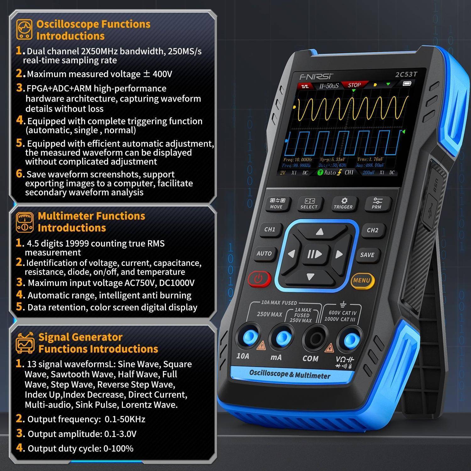 FNIRSI 2C53T 3-in-1 Portables Oszilloskop mit Multimeter und Signalgenerator, 2,8\" Display, 50 MHz-3