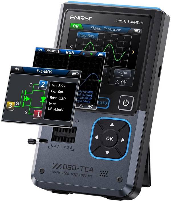 FNIRSI DSO-TC4 3-in-1 Portables Oszilloskop, Bauteiltester, Signalgenerator, 2,8\" Display, 10 MHz