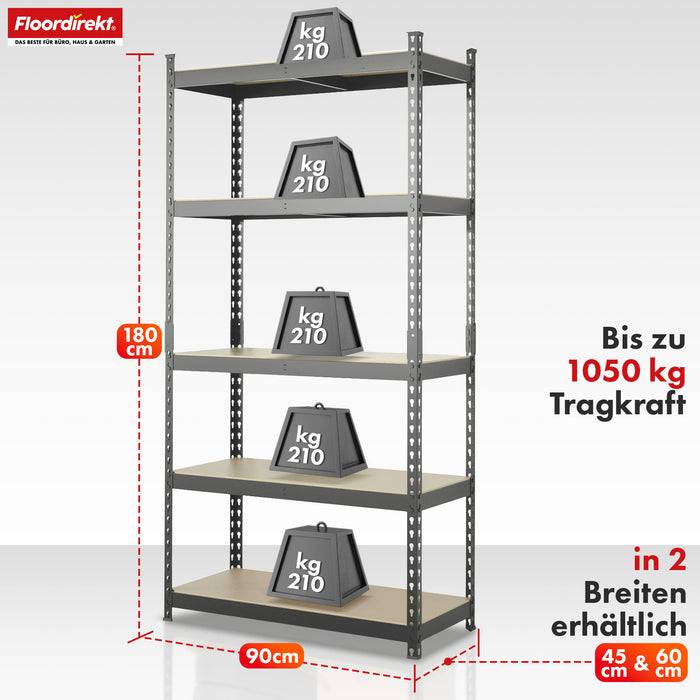 FLOORDIREKT Schwerlastregal Rhino - Lagerregal mit 5 Fachböden - 1050kg Traglast - Anthrazit-Grau - 180 x 90 x 45 cm-1