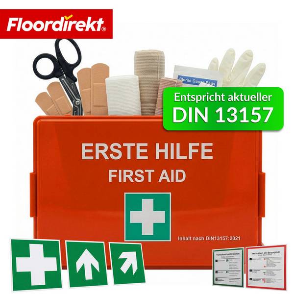 FLOORDIREKT Erste-Hilfe-Koffer - Verbandskasten mit Wandhalterung & ISO-Aufklebern - DIN 13157:2021