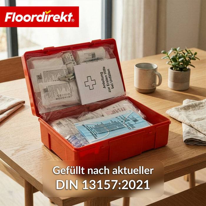 FLOORDIREKT Erste-Hilfe-Koffer - Verbandskasten mit Wandhalterung & ISO-Aufklebern - DIN 13157:2021-1