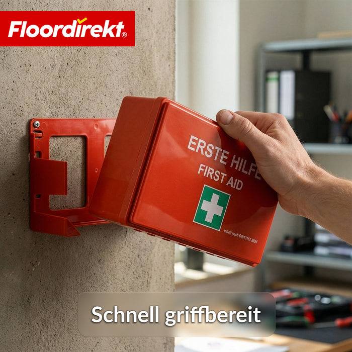 FLOORDIREKT Erste-Hilfe-Koffer - Verbandskasten mit Wandhalterung & ISO-Aufklebern - DIN 13157:2021-2