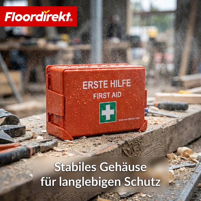 FLOORDIREKT Erste-Hilfe-Koffer - Verbandskasten mit Wandhalterung & ISO-Aufklebern - DIN 13157:2021-3