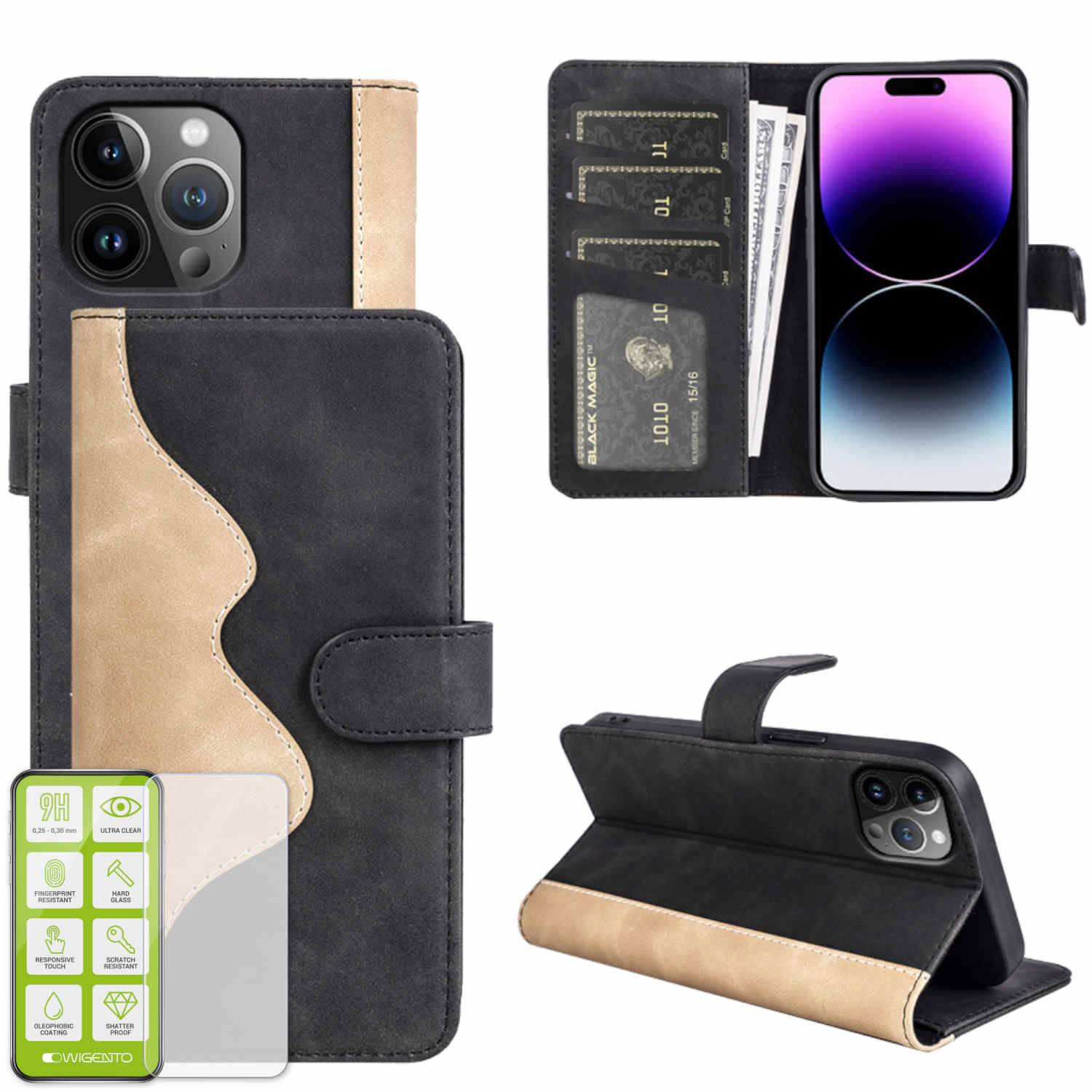 Für Apple iPhone 15 Pro Design Handy Tasche Schwarz Etuis Kunst-Leder Hülle Case + H9 Hart Glas-0