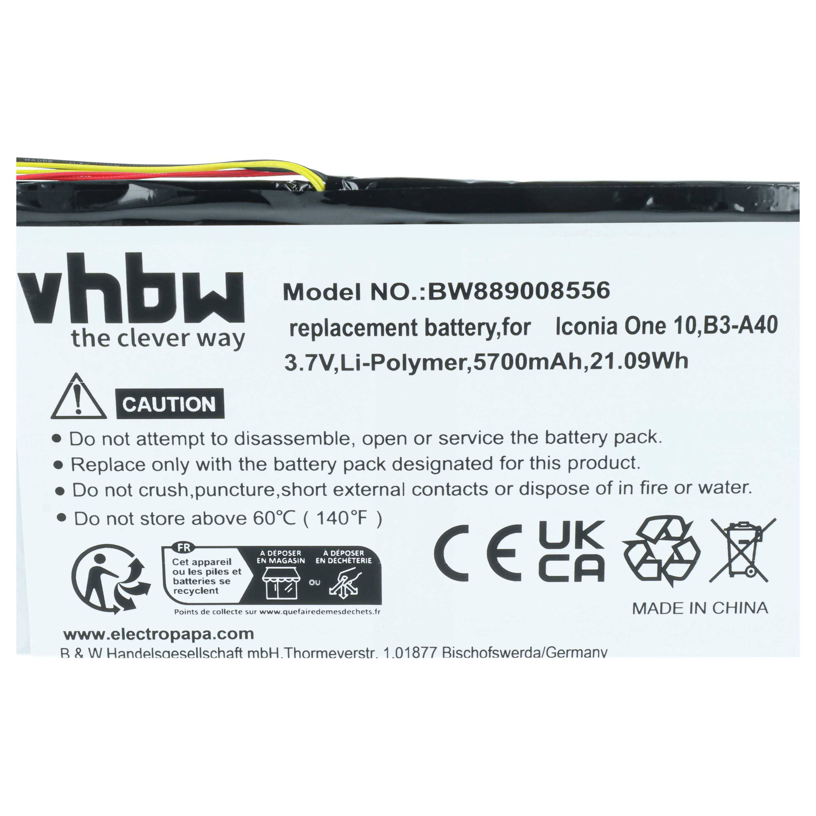 vhbw Akku kompatibel mit Acer Iconia One 10 B3-A40 Tablet Pad (5700 mAh, 3,7 V, Li-Polymer) mit 6-Pin-Anschluss-2