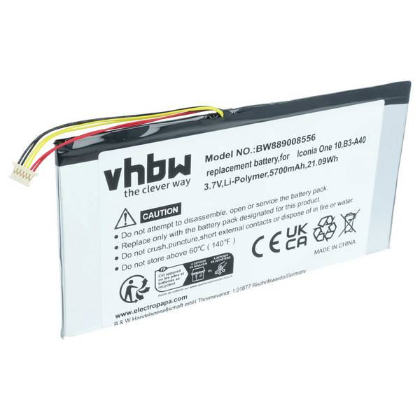 vhbw Akku kompatibel mit Acer Iconia One 10 B3-A40 Tablet Pad (5700 mAh, 3,7 V, Li-Polymer) mit 6-Pin-Anschluss