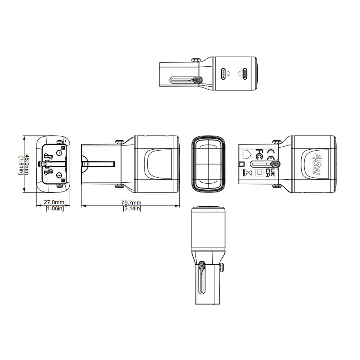 VALUE USB Reise-Charger mit Euro-Flach-/UK-/US-Stecker , 2x USB-C-Anschlüsse, 45 W-1