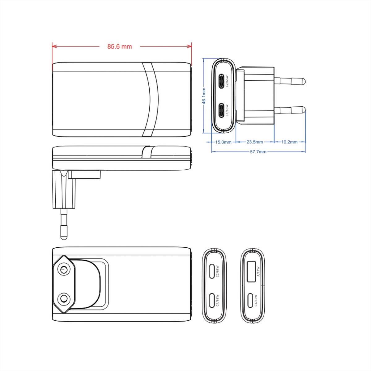 VALUE USB Charger mit Euro-/US-Stecker, 2 Ports Typ A+C, 65W-1