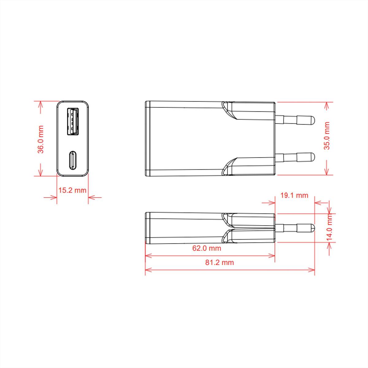 VALUE USB Charger mit Euro-Stecker, 2 Ports Typ A+C, 20W-4