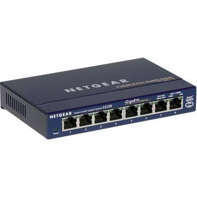 Acht-Port-Gigabit-Ethernet-Switch von Netgear. Vorderseite zeigt Ethernet-Ports und Status-LEDs. Modellnummer: GS108.