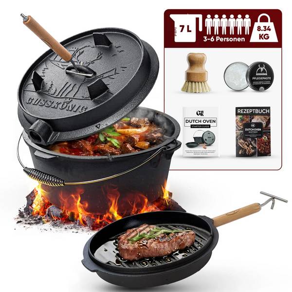 GUSSKÖNIG Eingebrannter Dutch Oven Set 7L mit Füße GK-3