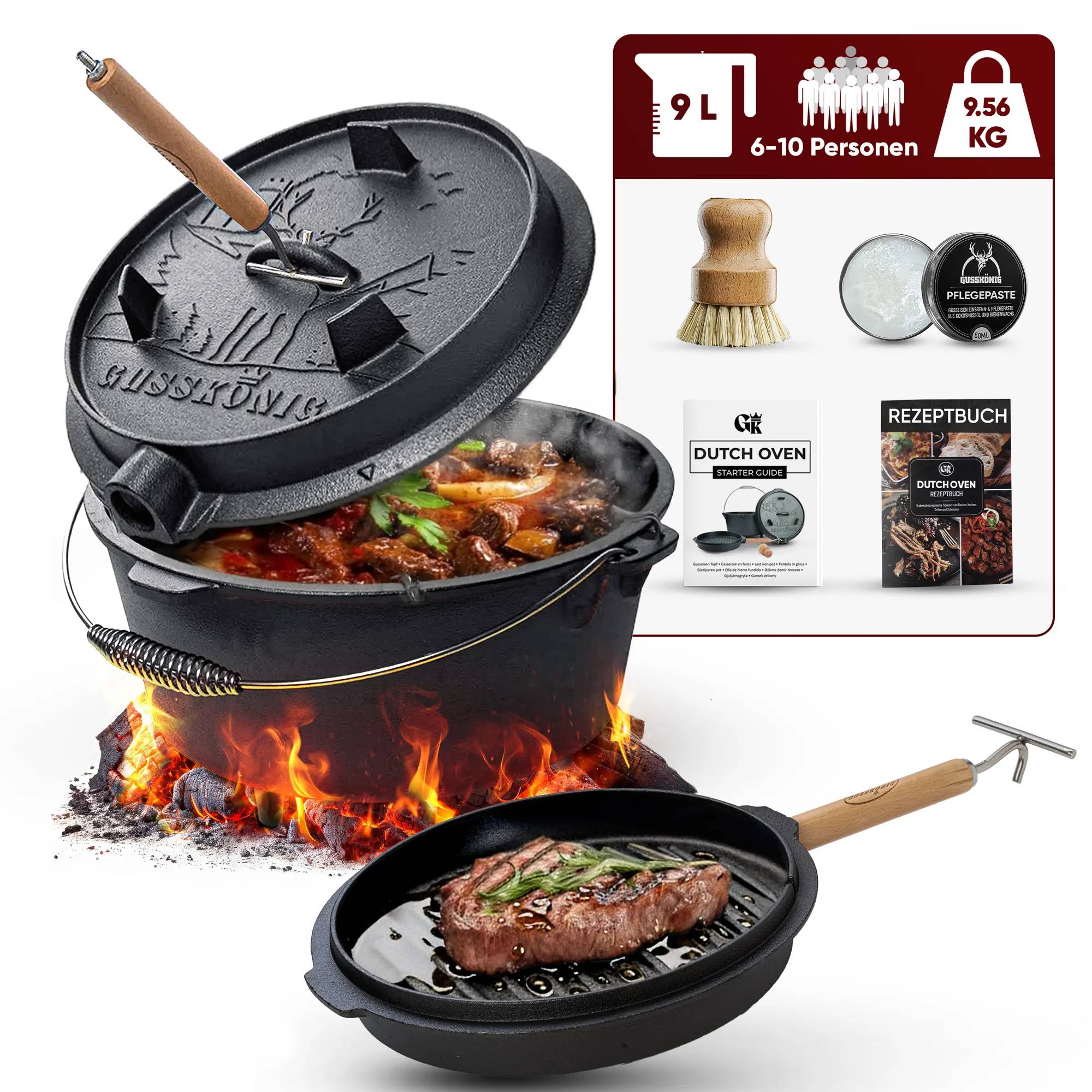 GUSSKÖNIG Eingebrannter Dutch Oven Set 9L mit Füße GK-5-0