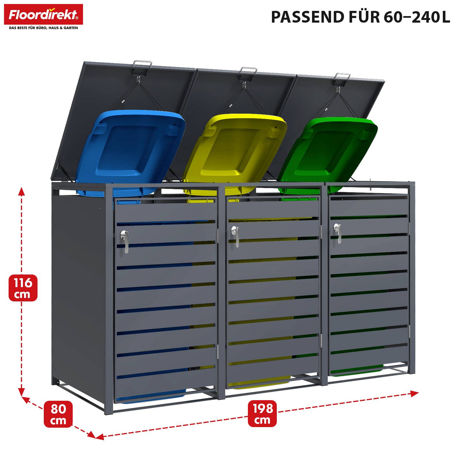 Floordirekt Mülltonnenbox Magnus - für 3 Tonnen - Mülltonnenverkleidung - für 60-240 L Mülltonnen geeignet-2