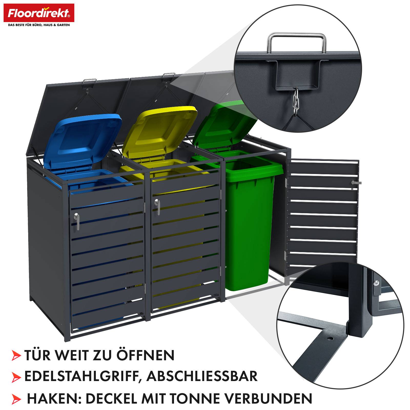 Floordirekt Mülltonnenbox Magnus - für 3 Tonnen - Mülltonnenverkleidung - für 60-240 L Mülltonnen geeignet-4