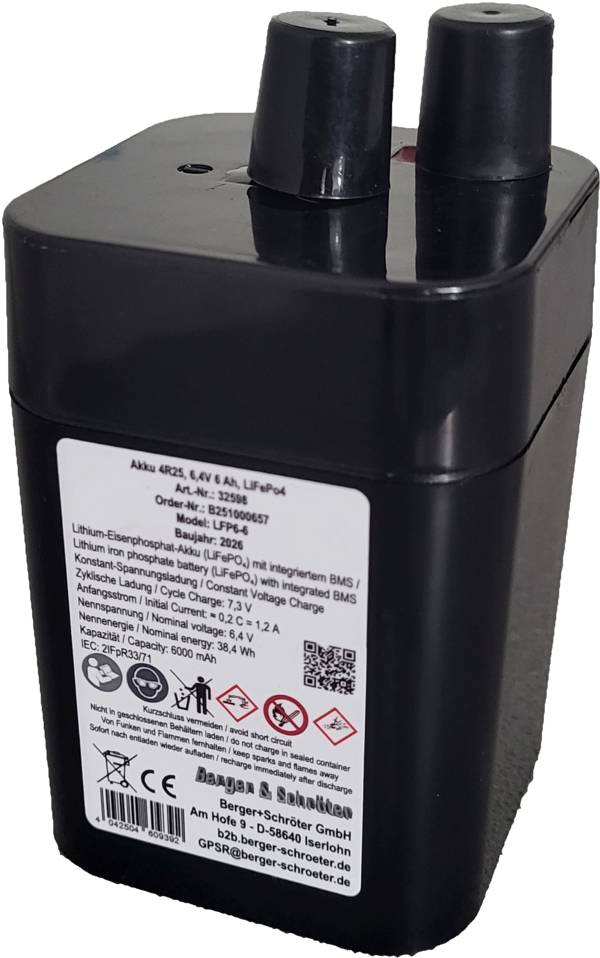 Berger & Schröter | Akku 4R25, 6,4V 6 Ah, LiFePo4 für Wild Futterautomat, 6V Blockbatterie Ersatz, Laternenakku