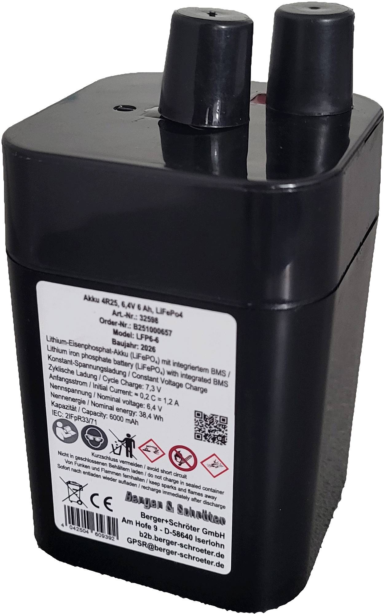 Berger & Schröter | Akku 4R25, 6,4V 6 Ah, LiFePo4 für Wild Futterautomat, 6V Blockbatterie Ersatz, Laternenakku-0