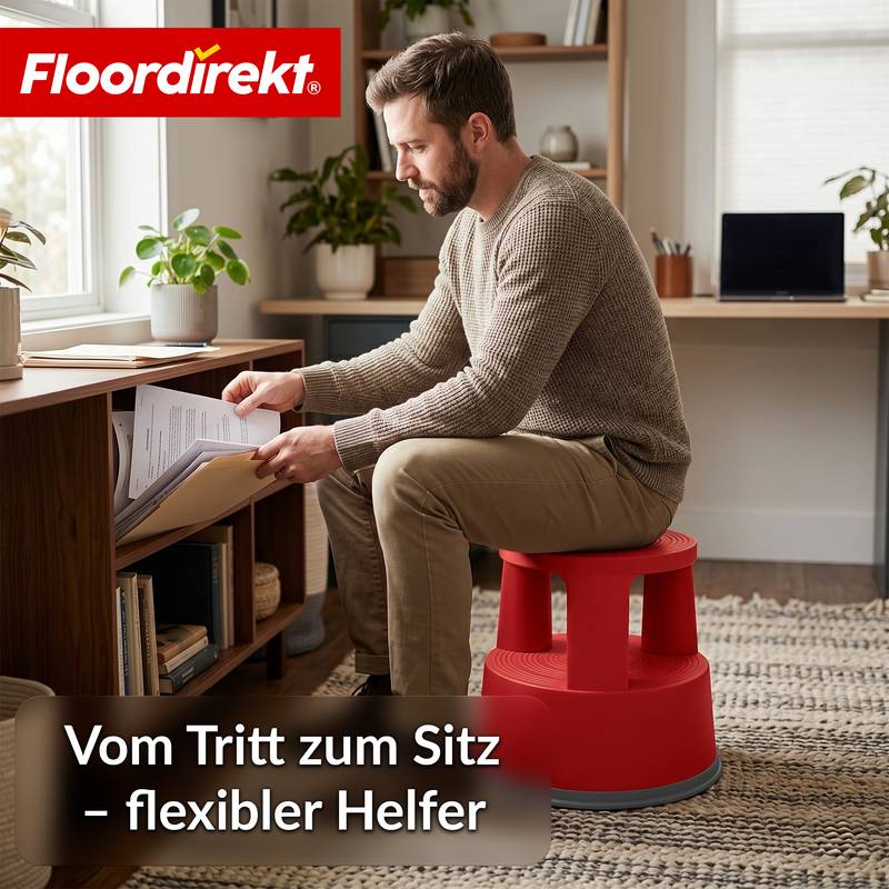 Symbolbild für Floordirekt Rollhocker aus Kunststoff - Elefantenfuß - Rot - Tritthocker mit Rollen - Rutschfest & TÜV geprüft