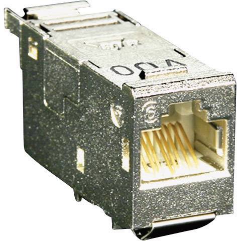 Ein RJ45-Netzwerkbuchsenmodul mit metallischer Ummantelung, geeignet zur Verbindung von Ethernet-Kabeln für Netzwerkanschlüsse.