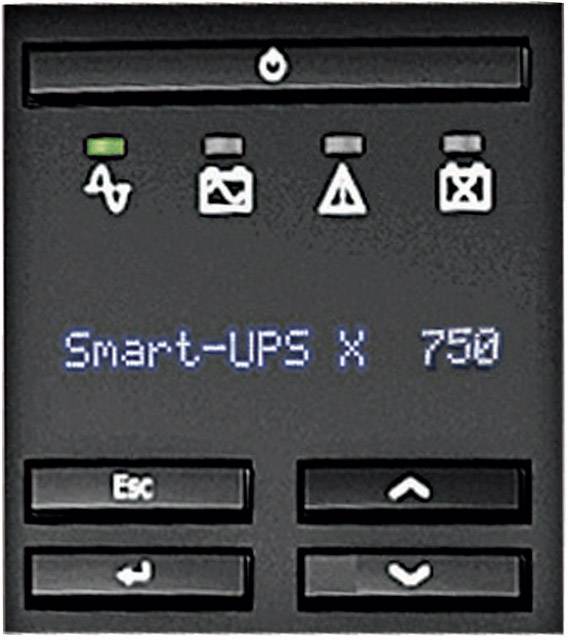 Ein Display einer Smart-UPS X 750 mit Symbolen für Strom, Batterie, Alarm und Abschaltung. Tasten für Navigation und Escape.
