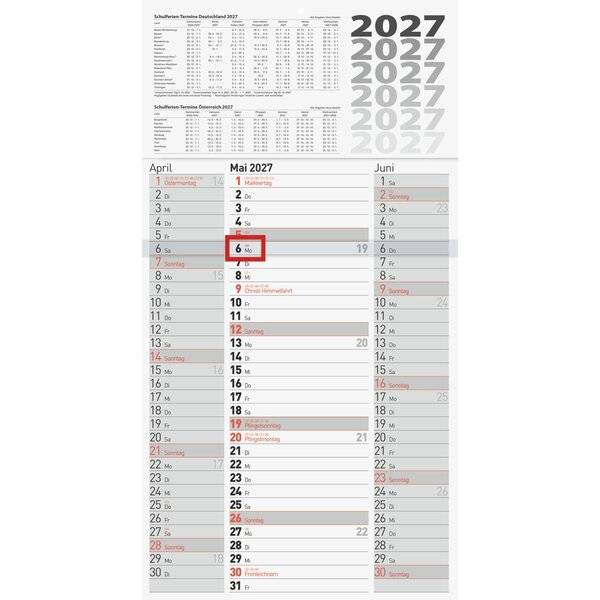Dreimonatskalender 702 Hochformat 30x56cm 3 Monate/Seite 2027
