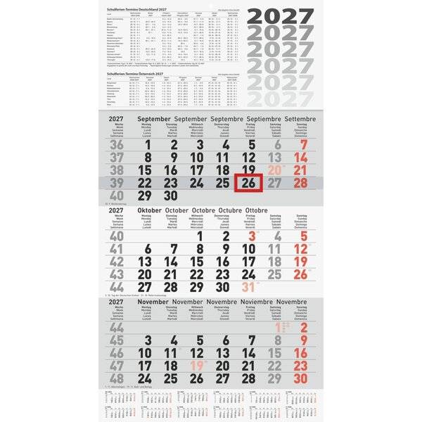 3-Monatskalender Wandkalender 30x58cm einteilig 2027-0