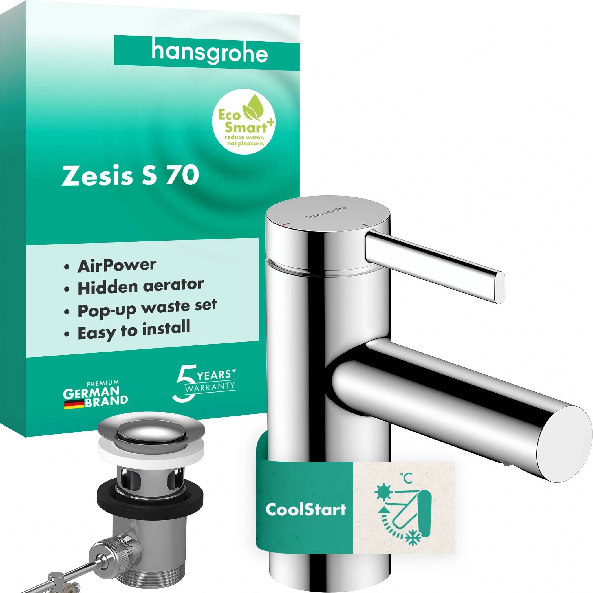 hansgrohe Waschtischmischer 70, Zesis S, CoolStart, mit Zugstangen-Ablaufgarnitur, Chrom, 1 Stk.-0