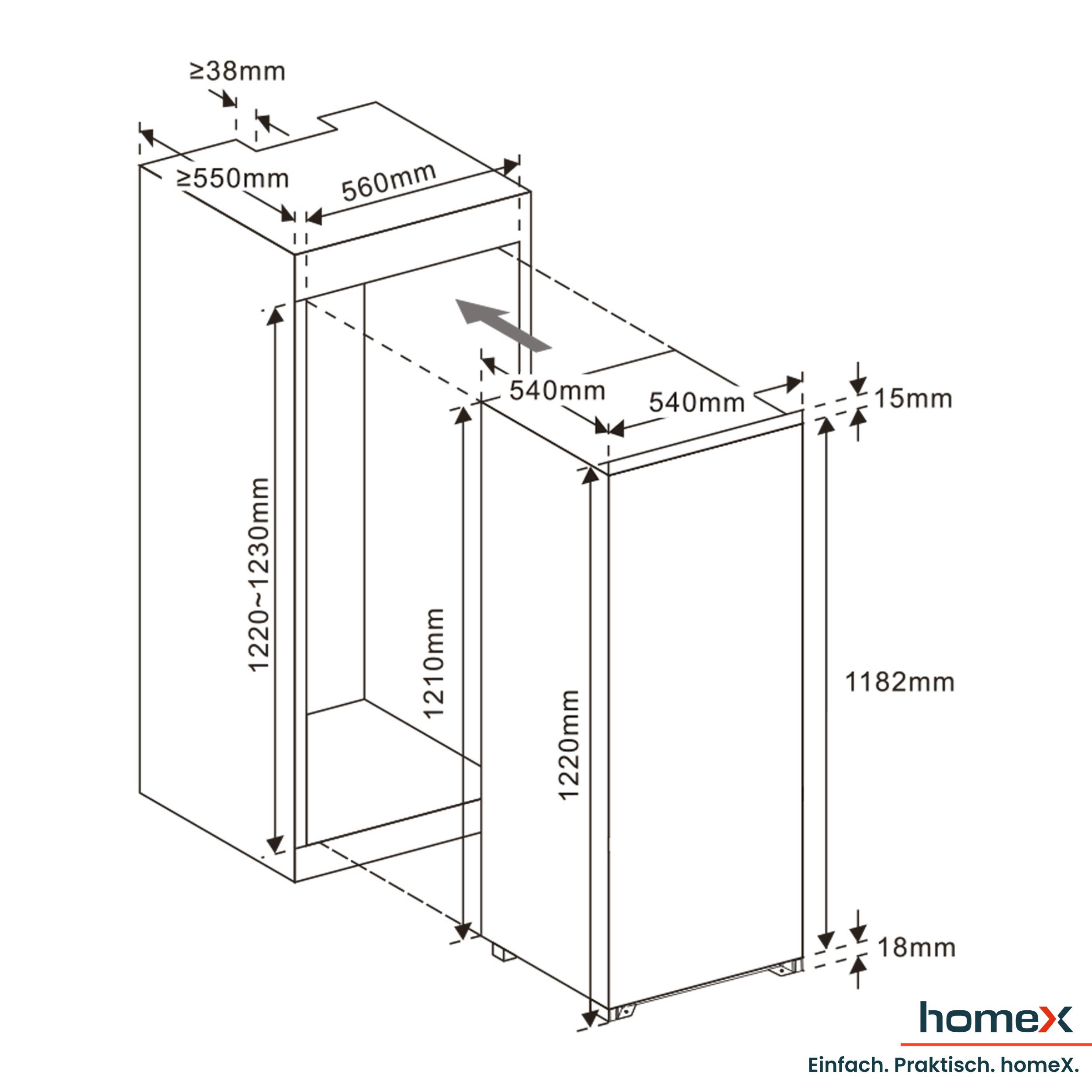 homeX CB1991E Einbaukühlschrank ohne Gefrierfach, 122cm Nische - 199 Liter, Schlepptürtechnik, LED-Beleuchtung, 39 dB-2