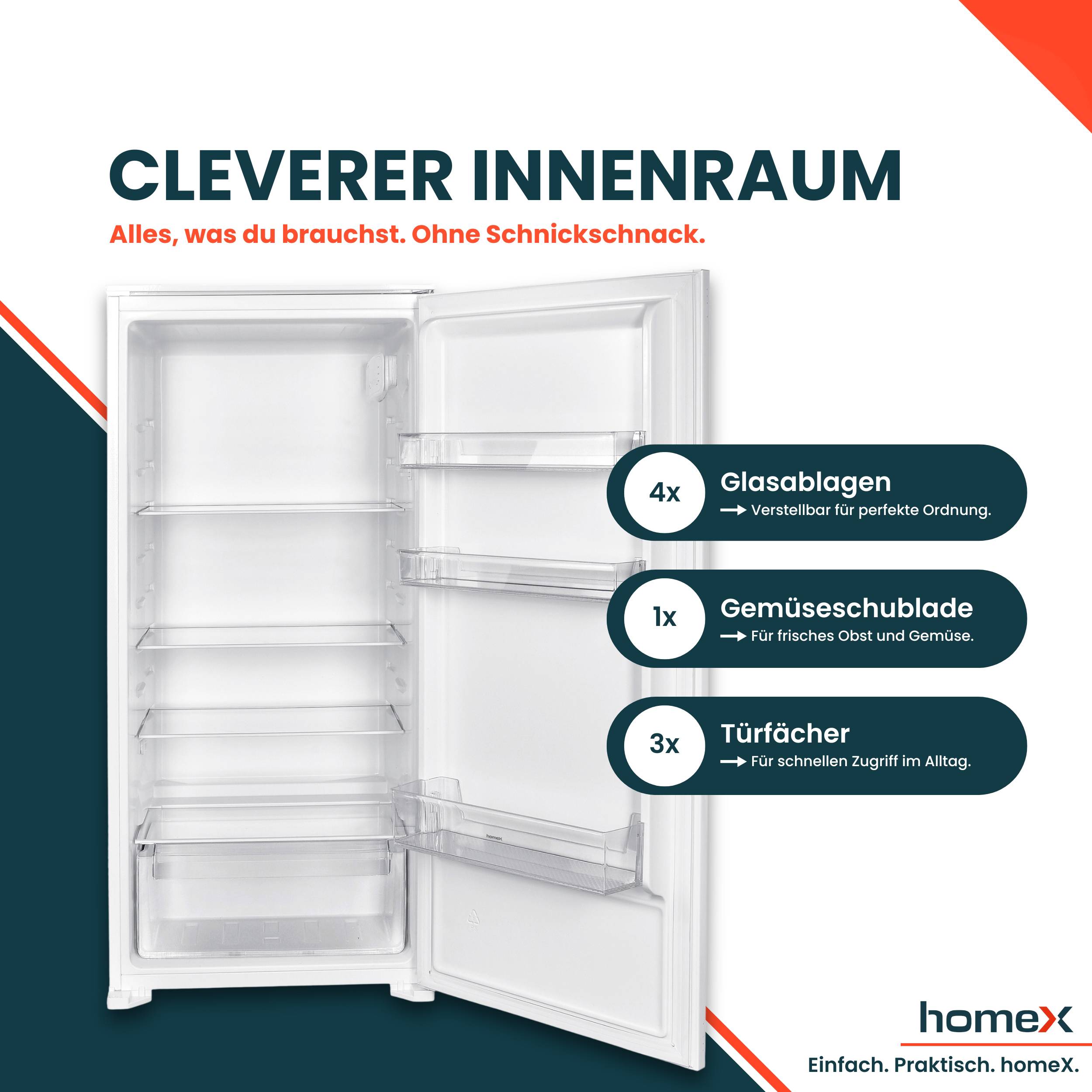 homeX CB1991E Einbaukühlschrank ohne Gefrierfach, 122cm Nische - 199 Liter, Schlepptürtechnik, LED-Beleuchtung, 39 dB-3