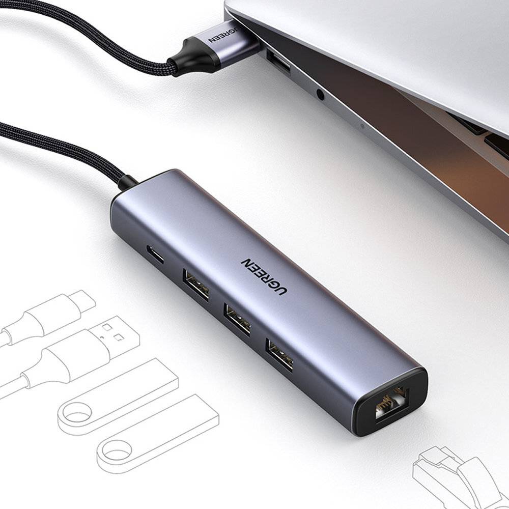 Ugreen Multifunktionsadapter HUB USB 3.0 - 3 x USB / Ethernet RJ-45 / USB Typ C PD grau (CM475)-2