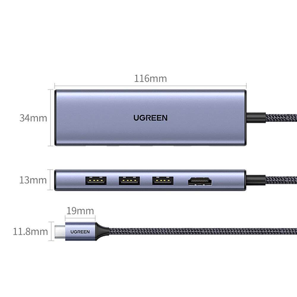 HUB Ugreen CM511 20956A 6in1 USB-C – HDMI / 3x USB-A 3.0 / SD/TF-Kartenleser – Grau-2