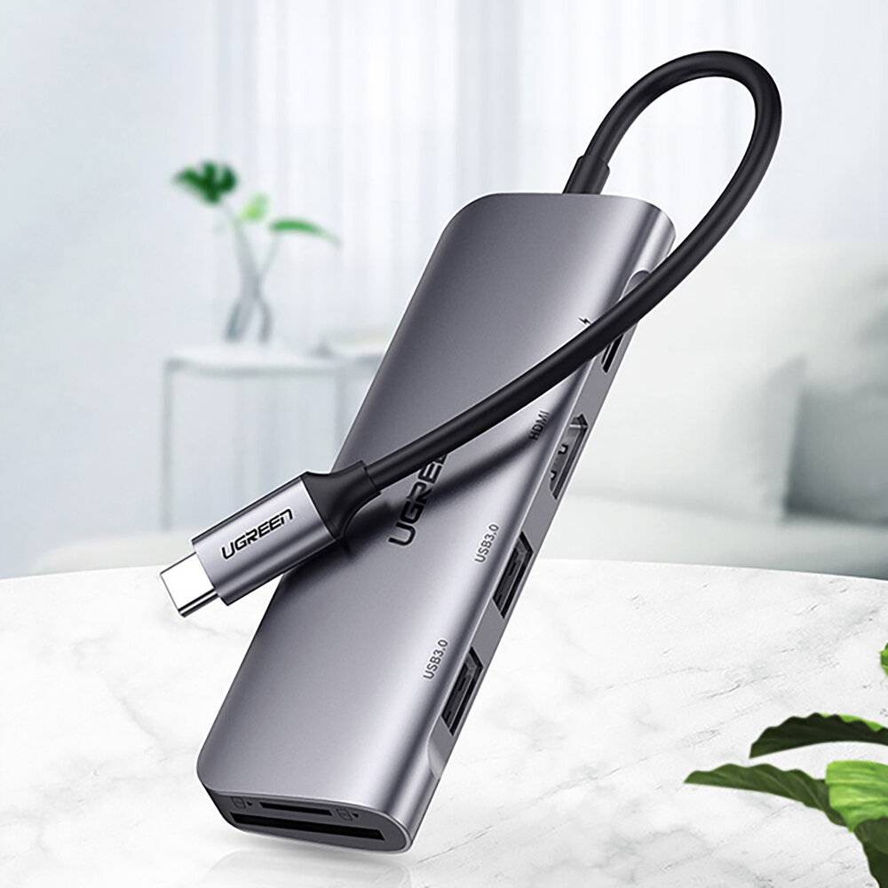 Ugreen CM1956in1-Adapter USB-C – HDMI / 2x USB-A 3.0 / USB-C PD/SD/TF-Leser – Grau-2