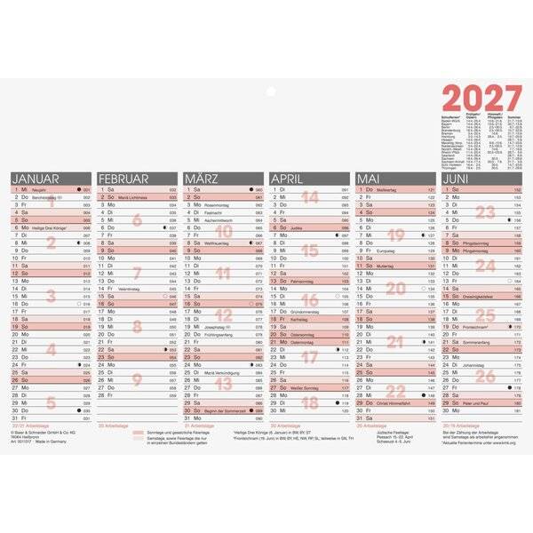 Tafelkalender 29,7x21cm 6 Monate/1 Seite Kalendarium 2027