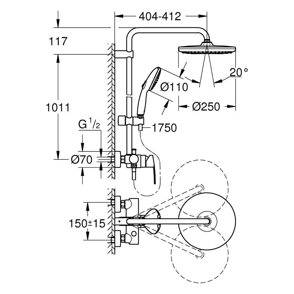 Grohe Tempesta 250 Duschsystem mit Einhandmischer für Wandmontage, Kopfbrause/Handbrause 250/110, Mattschwarz-2