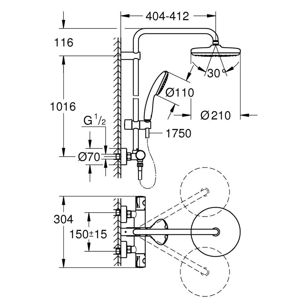 Grohe Tempesta System 210 Duschsystem Wandmontage mit Thermostat und Kopfbrause, 390mm Brausearm, Strahlart Rain,-2