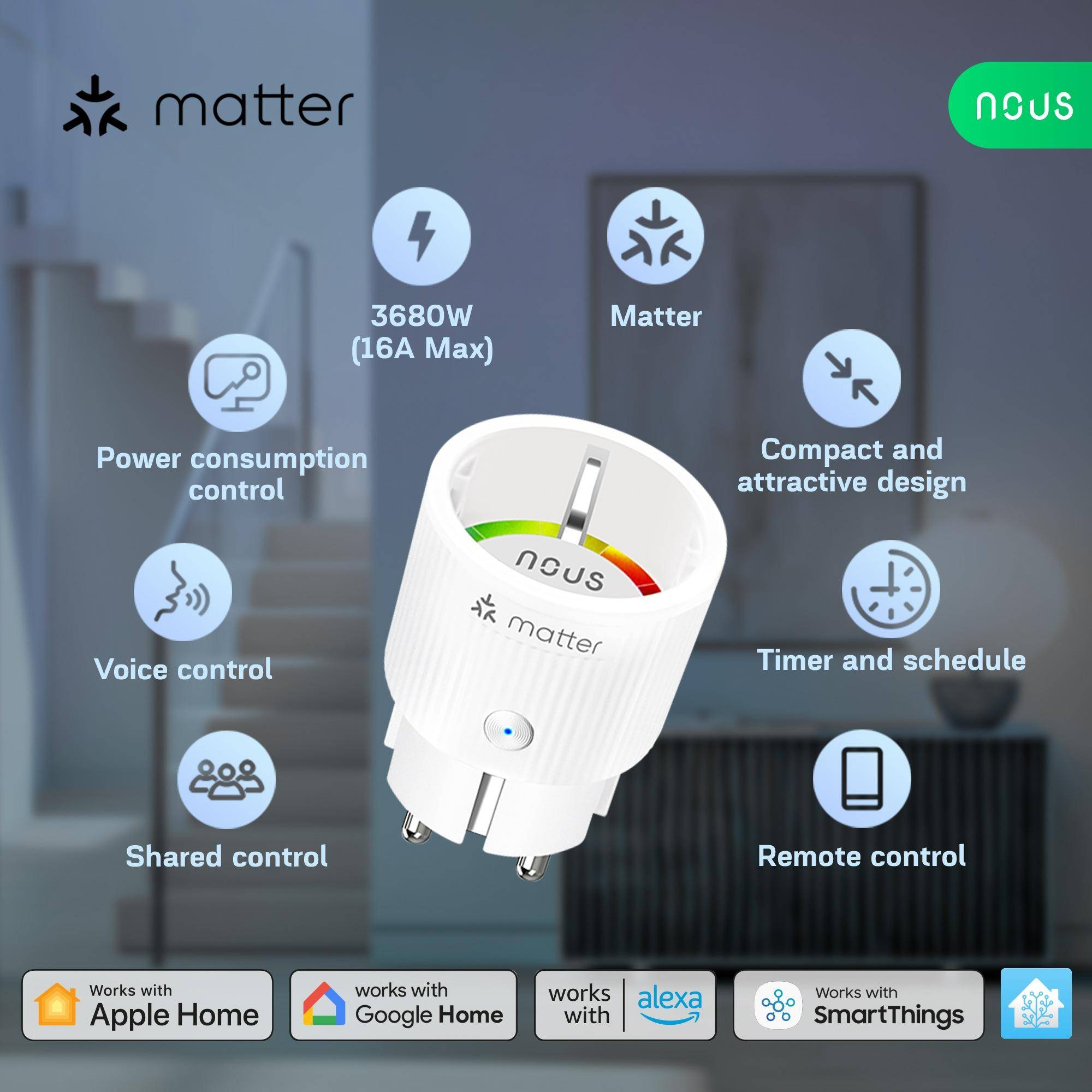 Nous A8M Smart Matter Steckdosen, WLAN, Energieüberwachung, Sprachsteuerung, 16A, 220-240V - Set Inhalt: 4er Set-3