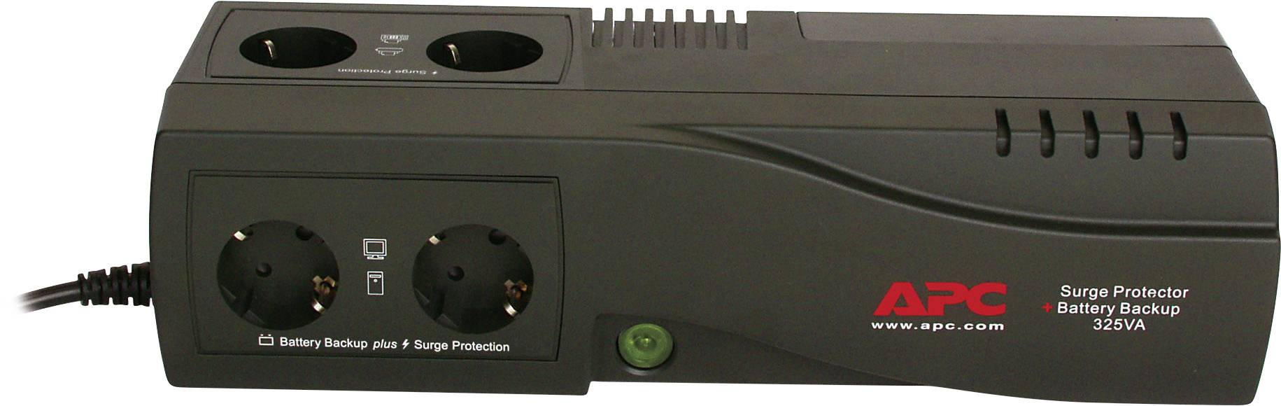 USV mit zwei Steckdosen, grünem Schalter und APC-Logo an der Seite. Schutz für elektronische Geräte vor Stromausfällen.
