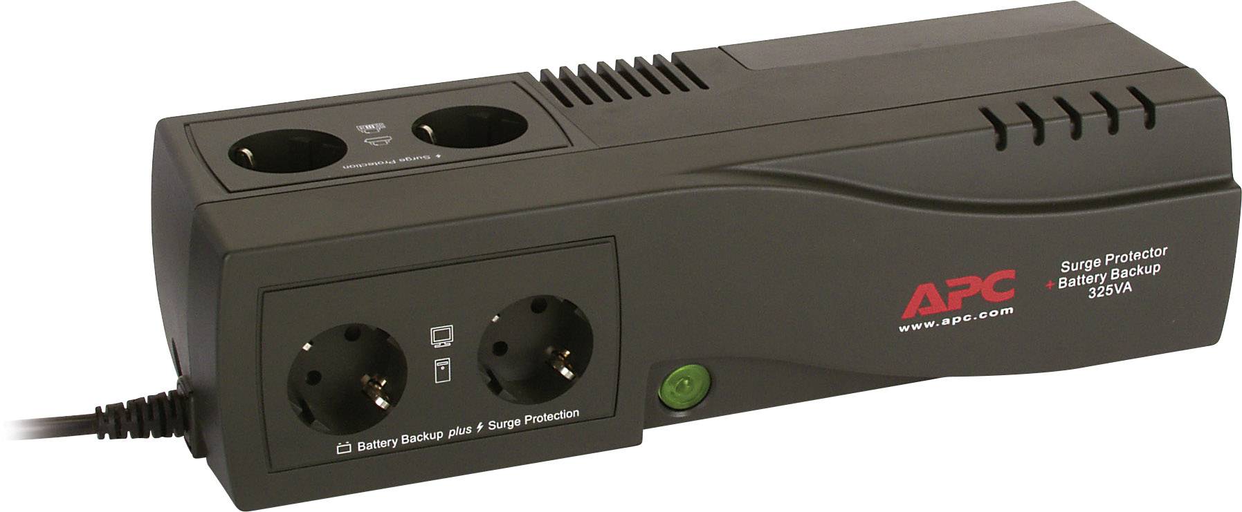USV-Anlage von APC mit zwei Schuko-Steckdosen für batteriegestützte Stromversorgung und zwei für Überspannungsschutz.