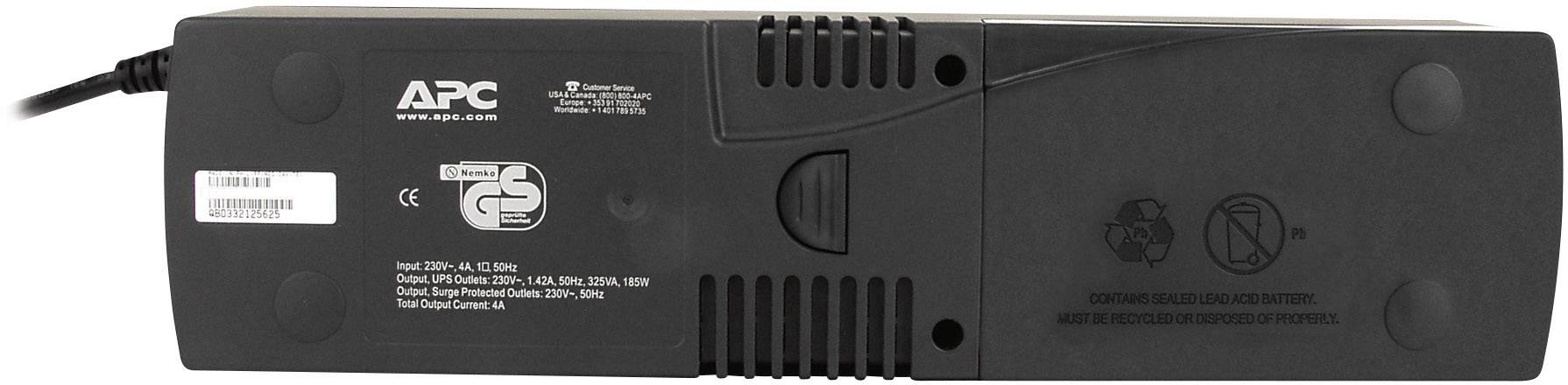 Unterbrechungsfreie Stromversorgung (USV) von APC, Rückansicht mit Anschlüssen und technischen Etiketten.