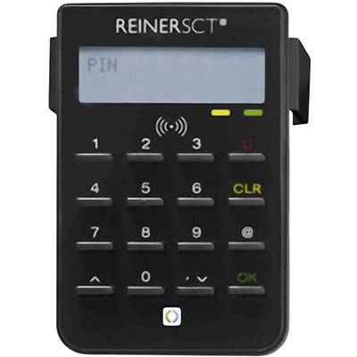 PIN-Eingabegerät mit Display und Zifferntasten. Das Display zeigt 'PIN'. Es gibt Tasten für Zahlen und Funktionen wie 'OK' und 'CLR'.