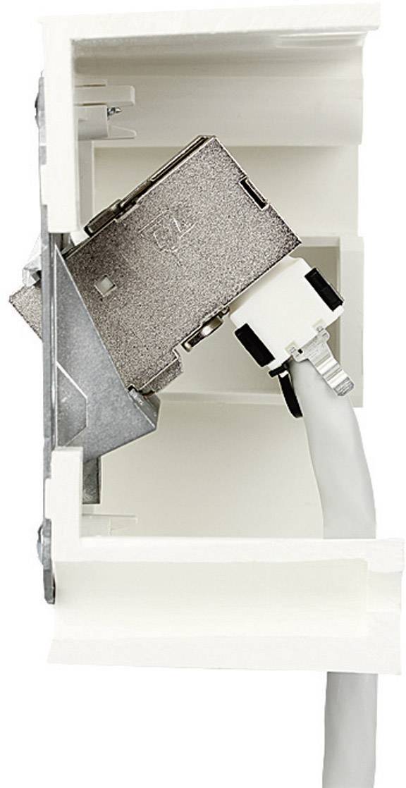 Ein Metallstecker ist in eine weiße, offene Wandbox montiert. Ein Kabel ist am Stecker angeschlossen.