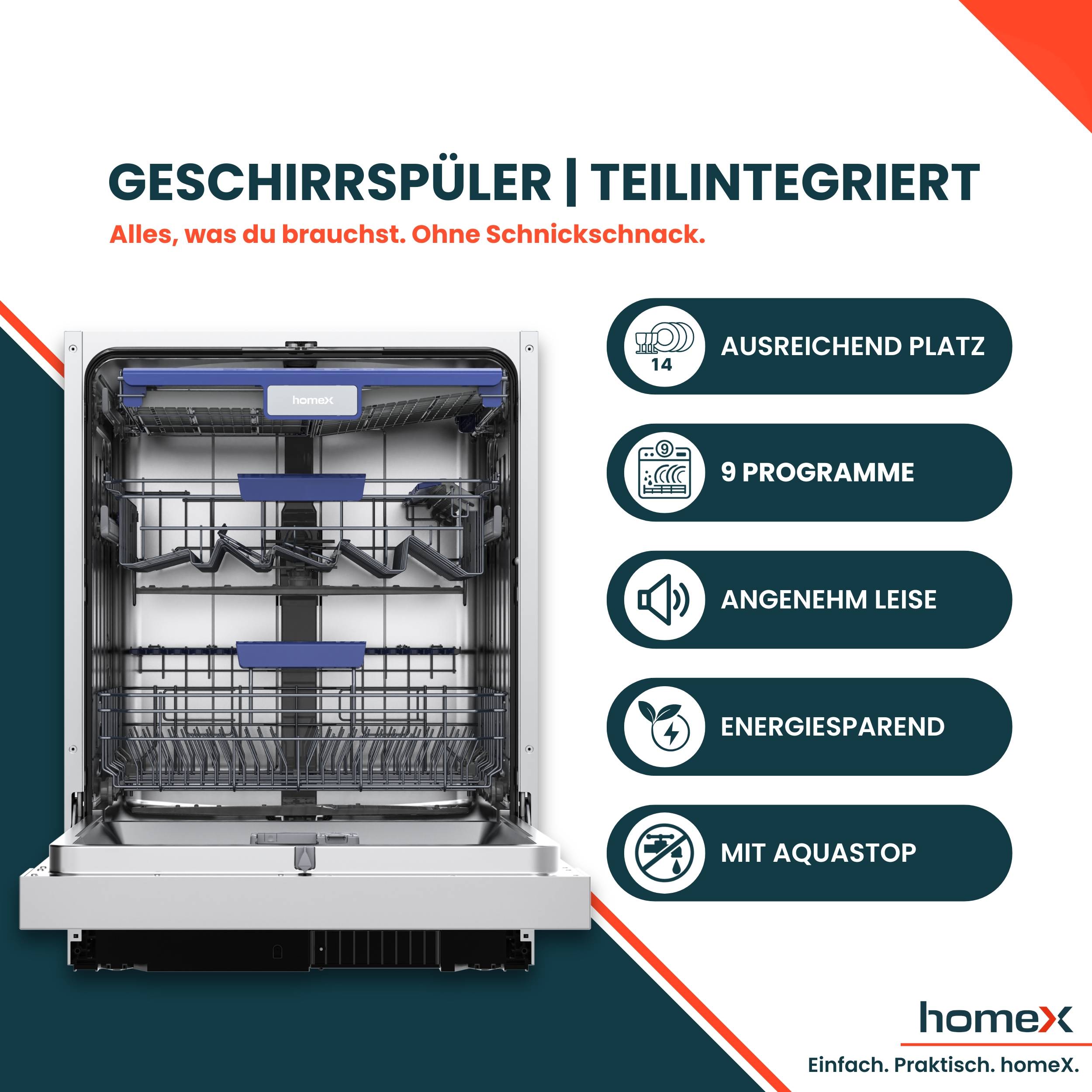homeX DWSI601442A Geschirrspüler 60 cm, Spülmaschine teilintegrierbar - 14 Maßgedecke, 9 Programme, Einbaugeschirrspüler-4