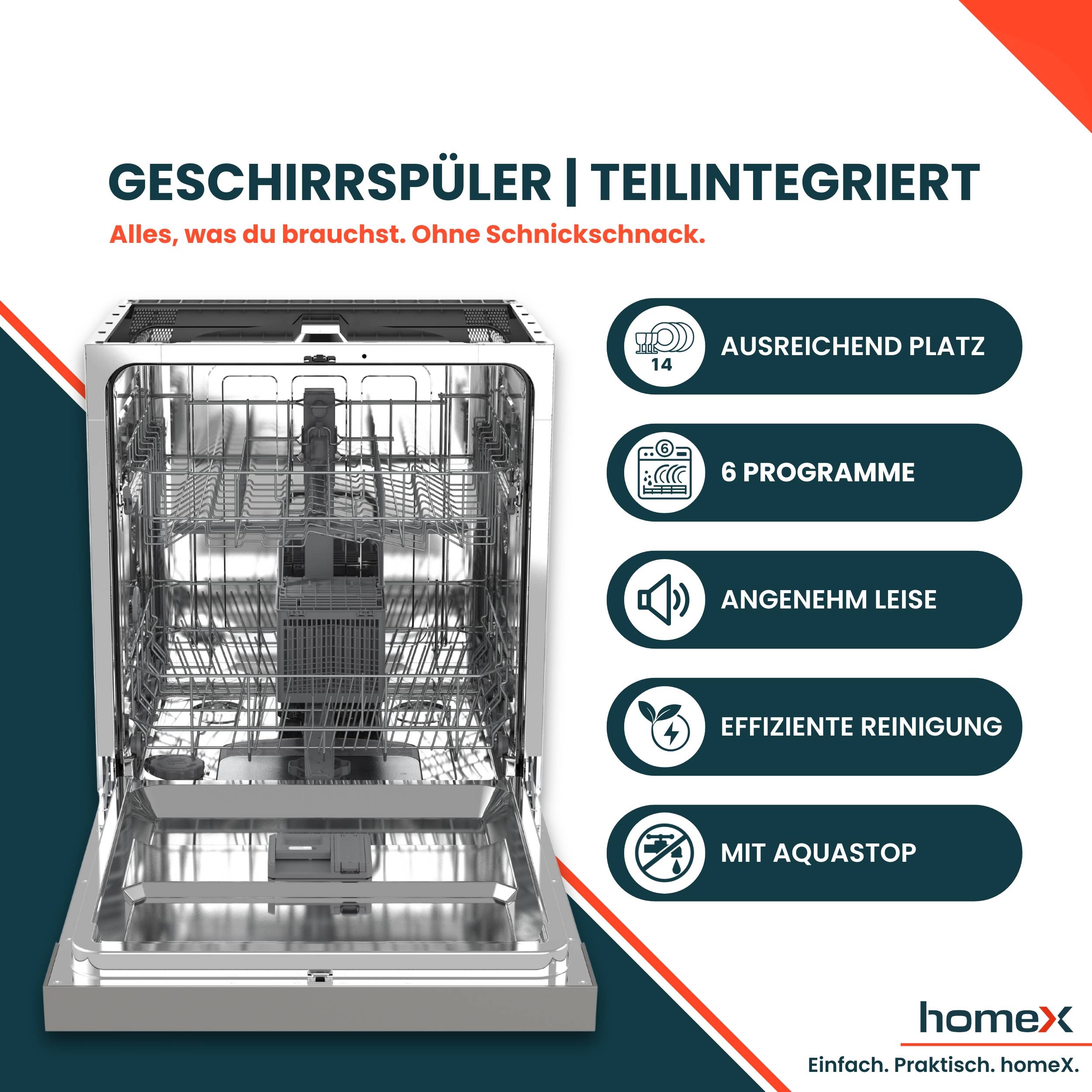 homeX DWSI601449E Geschirrspüler 60 cm, Spülmaschine teilintegrierbar - 14 Maßgedecke, 6 Programme, Einbaugeschirrspüler-2