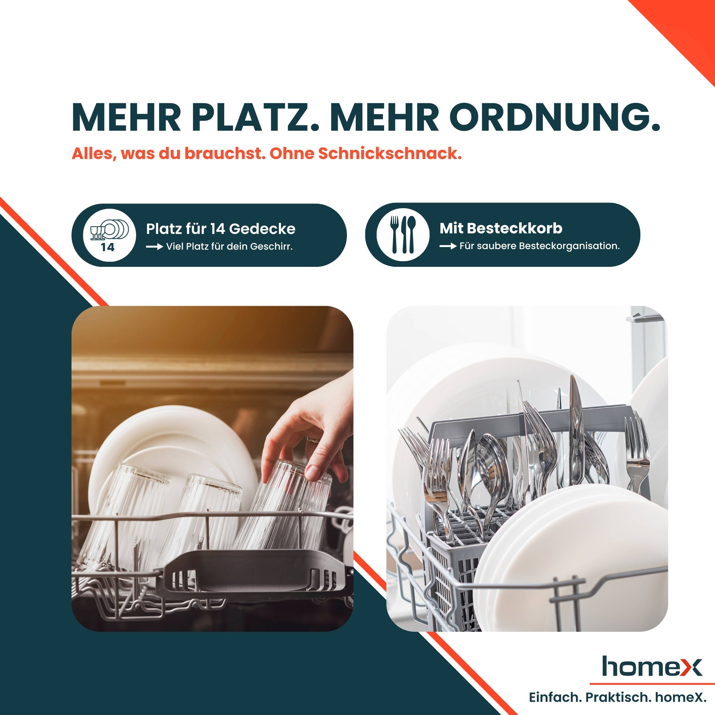 homeX DWSI601449E Geschirrspüler 60 cm, Spülmaschine teilintegrierbar - 14 Maßgedecke, 6 Programme, Einbaugeschirrspüler-3