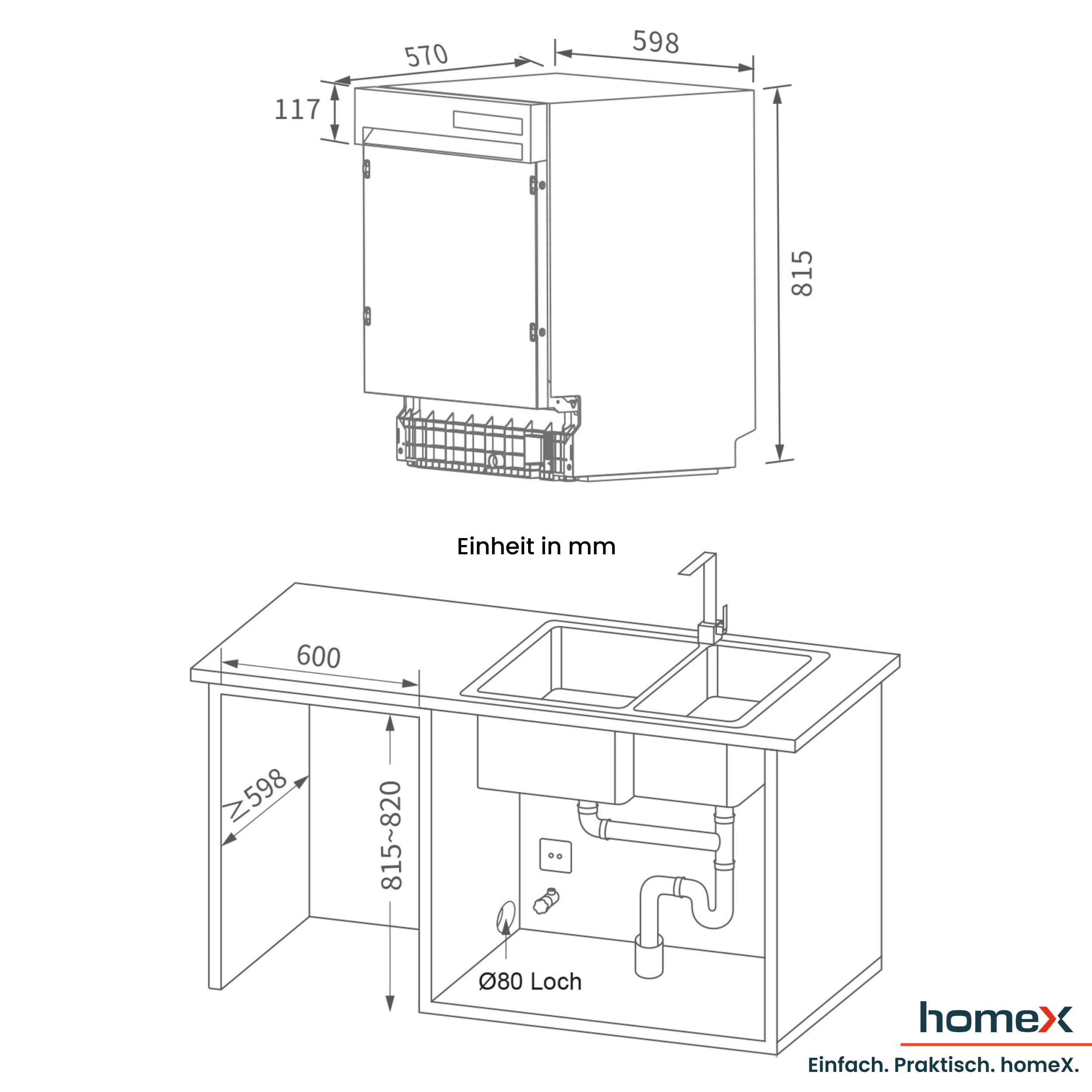 homeX DWSI601449E Geschirrspüler 60 cm, Spülmaschine teilintegrierbar - 14 Maßgedecke, 6 Programme, Einbaugeschirrspüler-4