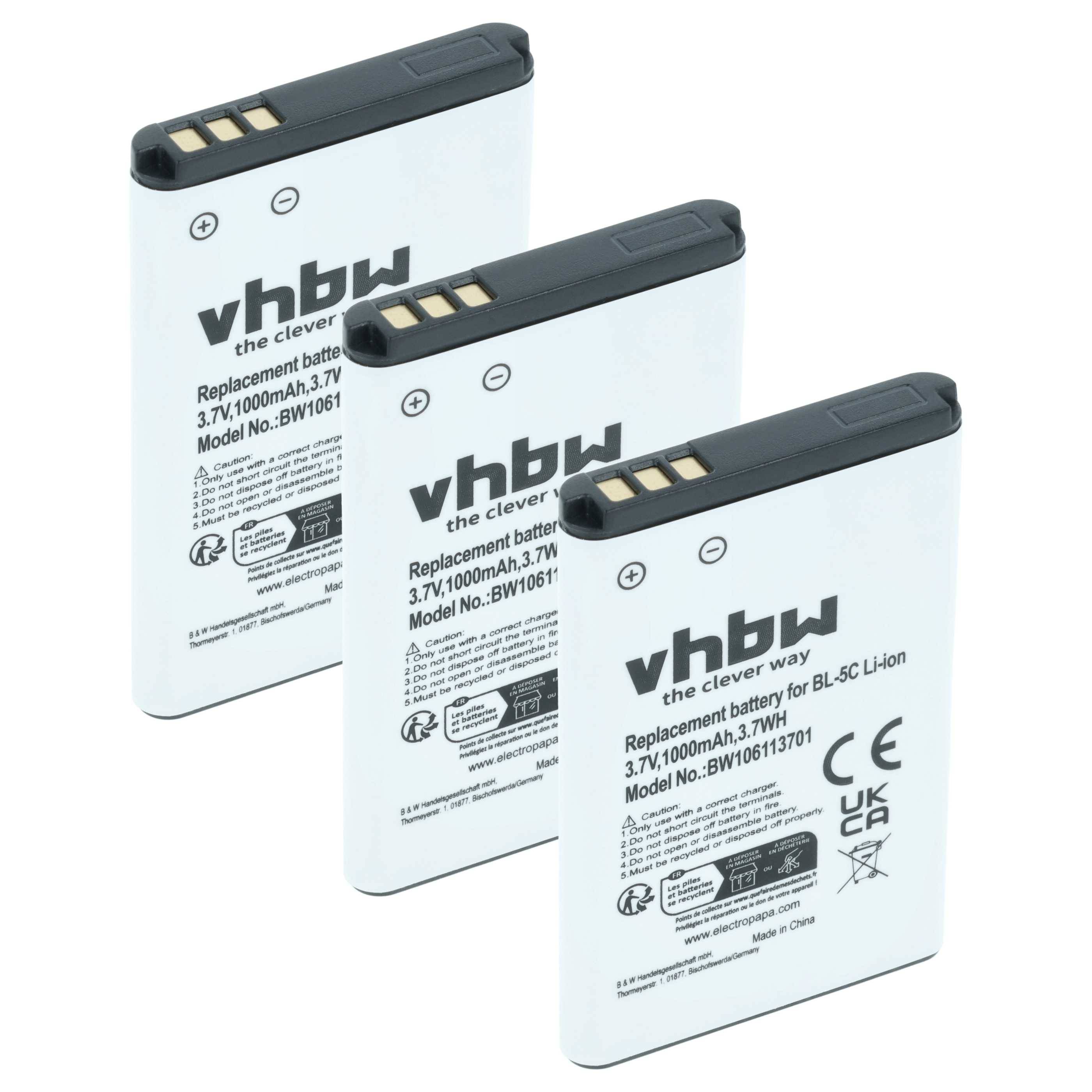 vhbw 3x Akku Ersatz für Nokia BL-5CB | BL-5CB, RTX 60020436, BR-5C für Handy Smartphone Telefon (1000 mAh, 3,7 V-0
