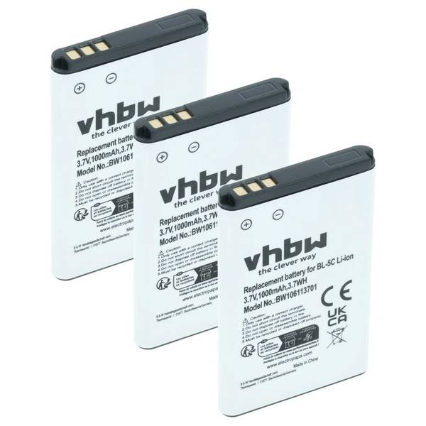 vhbw 3x Akku Ersatz für Nokia BL-5CB | BL-5CB, RTX 60020436, BR-5C für Handy Smartphone Telefon (1000 mAh, 3,7 V