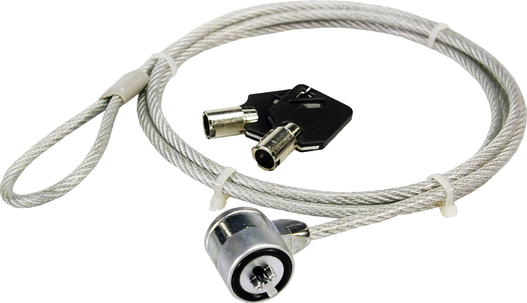 Ein sicherheitskabel mit integriertem Schloss und zwei Schlüsseln. Das Kabel wird zur Diebstahlsicherung von Geräten verwendet.
