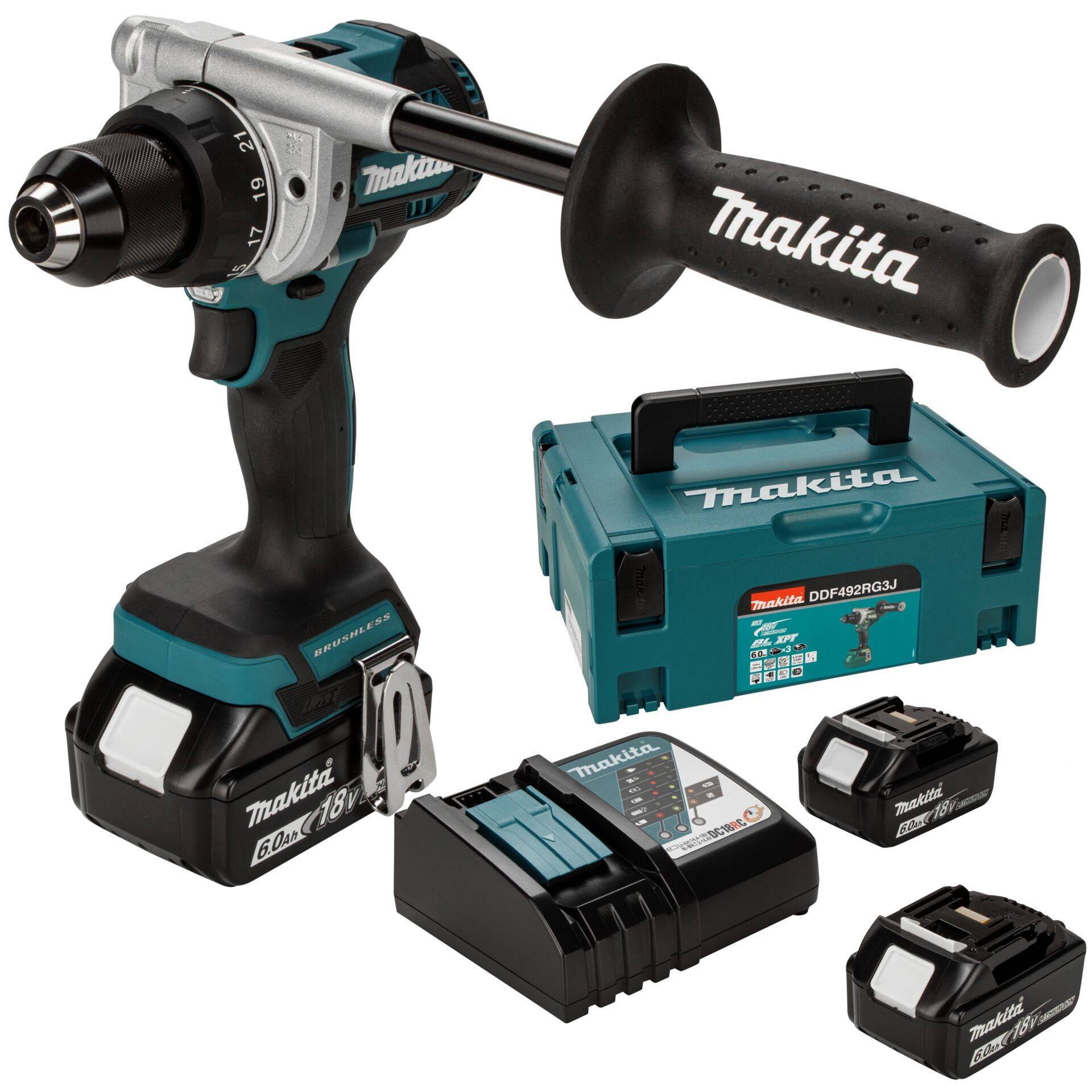 Makita DDF 492 RG3J Akku Bohrschrauber 18 V 141 Nm Brushless + 3x Akku 6,0 Ah + Ladegerät + Makpac-0